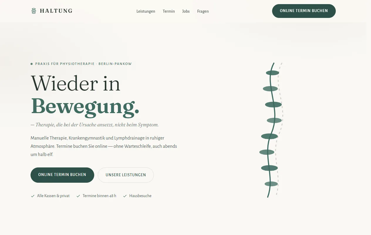 Demo-Design HALTUNG: helle Physiotherapie-Startseite mit Wirbelsäulen-Signet und Online-Terminbuchung