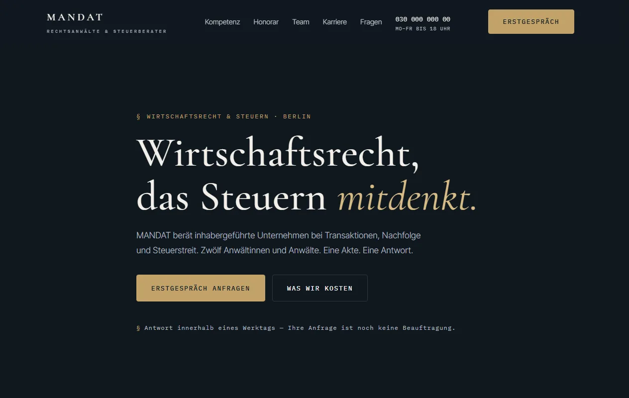 Demo-Design MANDAT: dunkle Kanzlei-Startseite mit Serifen-Typografie, Kennzahlen und Erstgespräch-Buchung